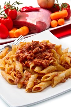 Rigatoni pasta with a tomato beef sauc