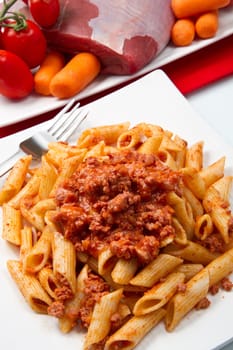 Rigatoni pasta with a tomato beef sauc