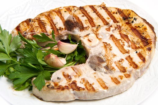 Studio closeup of grilled swordfish fillets