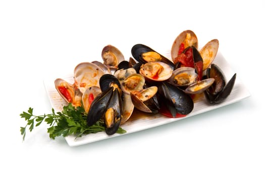 a dish  with mix of mollusk