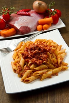 Rigatoni pasta with a tomato beef sauc