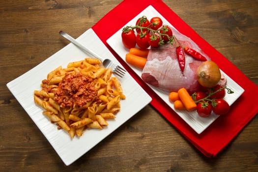 Rigatoni pasta with a tomato beef sauc