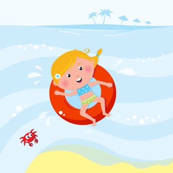 Vector cartoon illustration of cute swimming child.