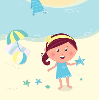 Cute happy girl on the beach seaside. Vector Illustration.
