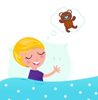 Little cute boy dreaming about new toy. Vector cartoon Illustration isolated on white.
