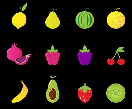 Fruit icons Vector collection isolated on black - including lemon, melon, pear, strawberry, avocado, banana, kiwi etc.