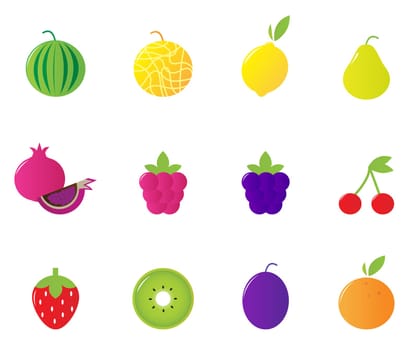 12 fruit and berries cute icons collection. Vector Illustration.