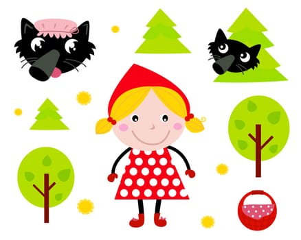 Red riding hood and wolf tale icons isolated on white. Vector cartoon illustration.
