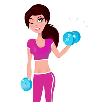 Cute fitness woman isolated on white. Vector Illustration.