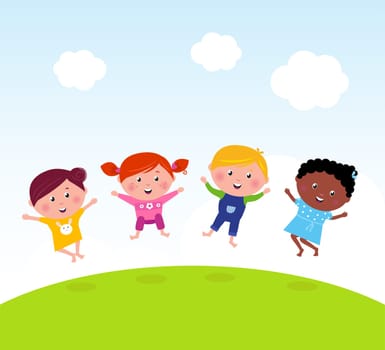 Happy jumping girls and boy. Vector illustration of kids group.