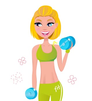 Cute blond fitness woman isolated on white. Vector Illustration.