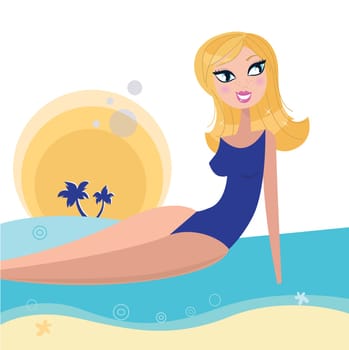 Cute chic on the beach. Stylized water and sun behind the girl. Vector Illustration.