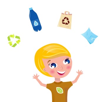 Boy juggling with pet bottle, recycle sign, paper and eco bag. Vector Illustration.