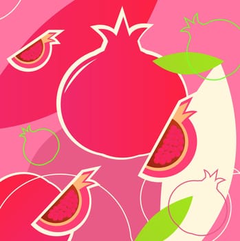 Juicy fruit texture with Pomergranate pieces &amp  leaves. Vector retro Illustration.