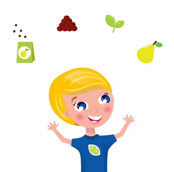 Happy blond boy with fruit and plant icons isolated on white. Vector Illustration.