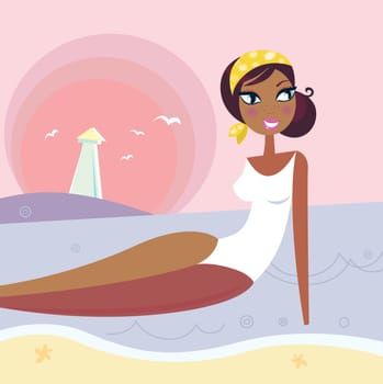 Happy smiling woman relaxing on beach. Vector Illustration.