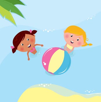 Happy children in the sea. Vector Illustration.