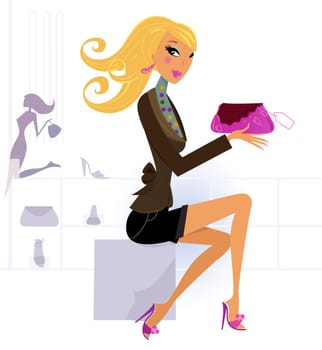 Cute blond girl in shopping center / mall. Vector Illustration.