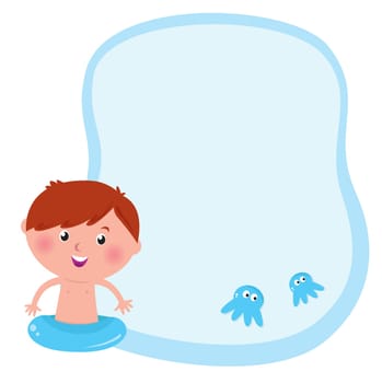 Blank banner with swimming kid and two octopus. Vector Illustration.