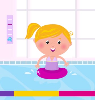Cute child in swimming pool. Vector Illustration.