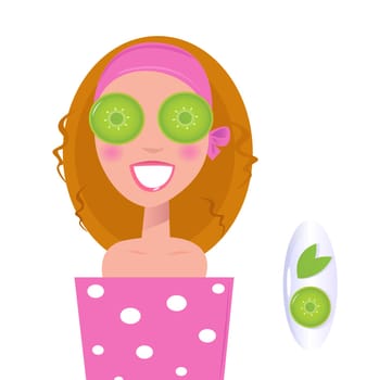 Vector Illustration of stylized spa woman applying herbal cosmetics ( isolated on white ).