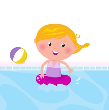 Cute child in swimming pool. Vector Illustration.