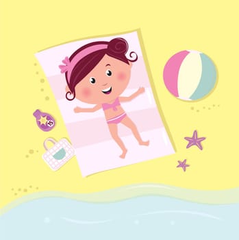 Brown - hair romance girl taking sun bath. Vector Illustration.