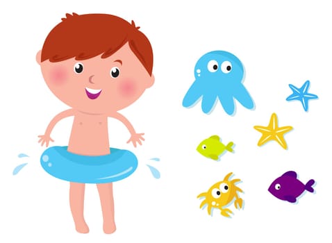 Happy kid, crab, octopus, fishes and sea stars. Vector Illustration.