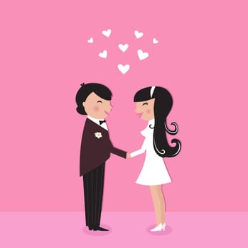 Wedding couple - bride and groom, isolated on pink. Vector Illustration.