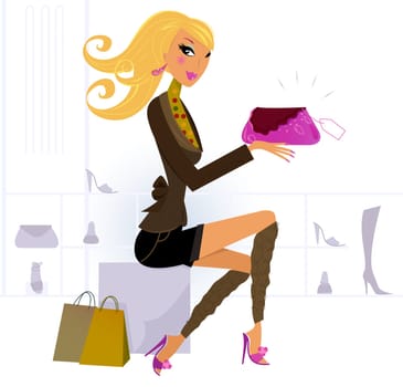 Vector Illustration of shopping blond hair woman.