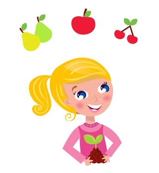 Happy blond gardener girl in pink costume. Vector Illustration.