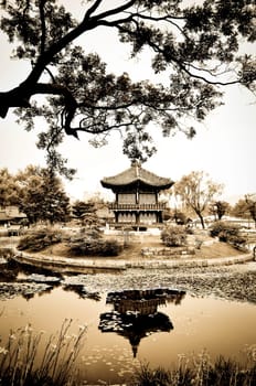 A chinese pagoda in a beautiful park in the city of Seoul, Korea