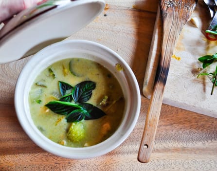 A small spicey green curry dish cooked at a cooking school in Thailand