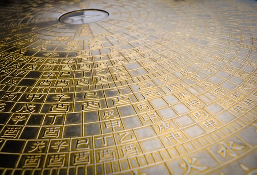 A metal chinese zodiac dial near a buddhist temple