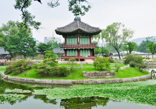 A chinese style pagoda in a buddhist garden in Seoul, Korea