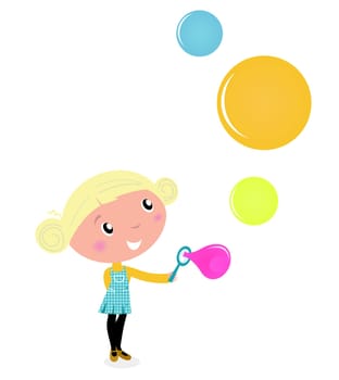 Cute cartoon Child with Colorful Soap Bubbles - vector Illustration.