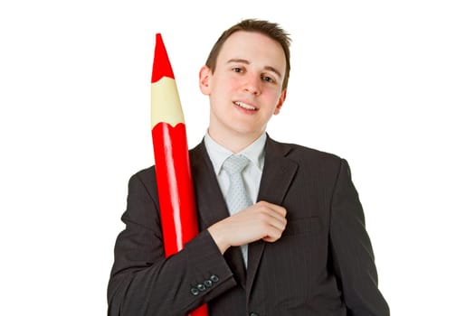 Friendly businessman with red pencil isolated on white background