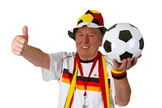 Senior football fan isolated on white background