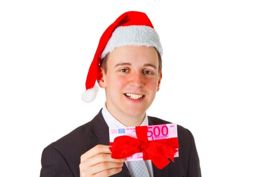 Businessman with money gift isolated on white background