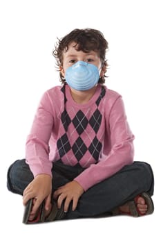 Child infected with influenza A and mask isolated over white