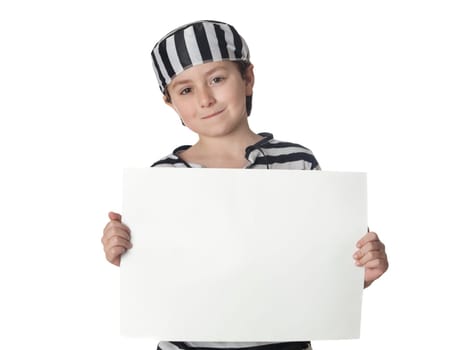 Smiled child with prisoner costume and blank poster isolated on white background