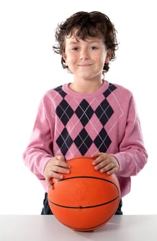 Handsome boy with basket ball isolated over white