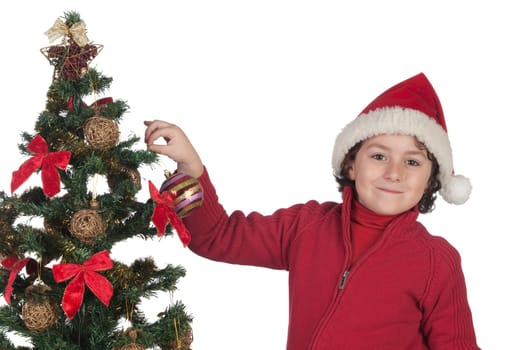 Beautiful child with Christmas trees isolated on white