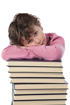 Tired child student on a over white background