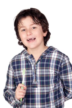 Smiling child without a toothbrush isolated on white background