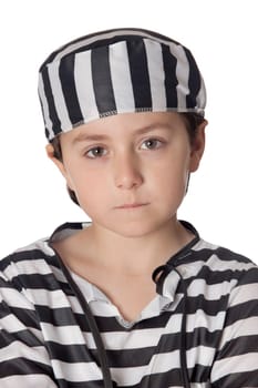 Sad child with prisoner costume isolated on white background