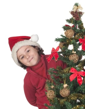 Beautiful child with Christmas trees isolated on white