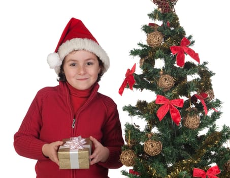 Beautiful child with Christmas trees and gift isolated on white