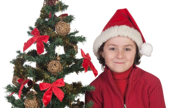 Beautiful child with Christmas trees isolated on white