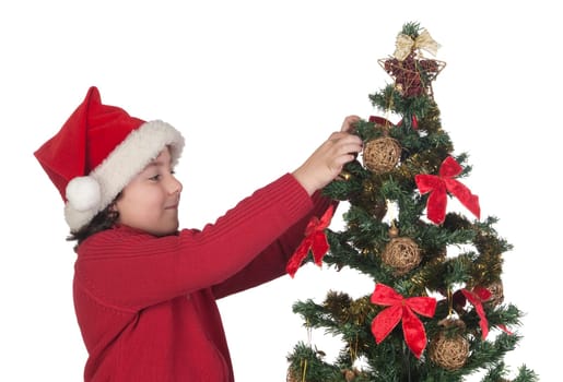 Beautiful child with Christmas trees isolated on white